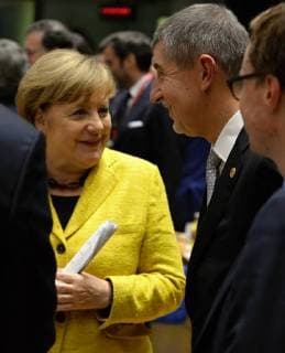 German Chancellor Angela Merkel (left) speaks with Czech Prime Minister Andrej Babis during to the EU summit at the Europa building in Brusselsm Belgium, December 14, 2017. (CTKxPhoto JakubxDospiva) CTKPhotoP201712140794901  JD20