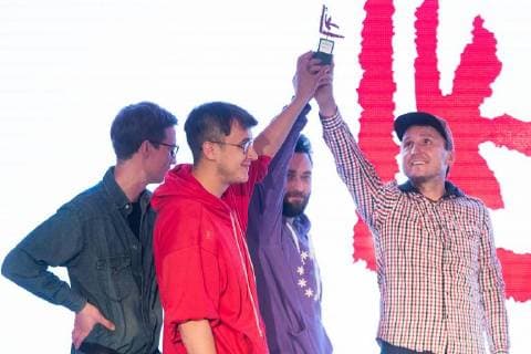MOSCOW, RUSSIA - DECEMBER 15, 2017: Members of Gruppirovka ZIP (ZIP art group), Vasily Subbotin, Stepan Subbotin, Yevgeny Rimkevich, Eldar Ganeyev(L-R), winners of the 11th Kandinsky Prize in the Project of the Year category (entry Ostanovka DK ZIP , or the busstop ZIP Culture House , an allusion on the ZIL House of Culture), at the 11th Kandinsky Prize ceremony at the Udarnik Cinema. Sergei Bobylev TASS TS06D567