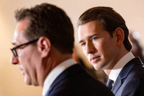 - Wien 16.12.2017 - ÖVP und FPÖ präsentierten heute auf dem Kahlenberg, nach der gestrigen Einigung genau 2 Monate nach der Wahl, das regierungsprogramm der türkis-blauen Koalition. PHOTO: die designierten Regierungschefs, Sebastian Kurz, Bundeskanzler (L ÖVP), Heinz-Christian Strache Vizekanzler (R FPÖ), ÖVP und FPÖ präsentieren Regierungsmannschaft *** Vienna 16 12 2017 The ÖVP and FPÖ today presented the government program of the turquoise-blue coalition PHOTO, the newly-elected prime minister, Sebastian Kurz Chancellor L ÖVP Heinz Christian Strache Vice-Chancellor R FPÖ ÖVP and FPÖ present government team at Kahlenberg just two months after the election 
