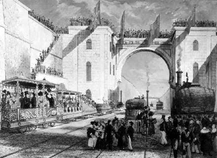 IMAGO History, Die Geburt des Eisenbahnverkehrs: 1802-1830 Opening of the Liverpool and Manchester Railway The scene at Edge Hill, Liverpool, as the ceremonial trains prepared to set out on the opening run to Manchester and back on 15 September 1830. Engraving by Isaac Shaw, Liverpool Merseyside United Kingdom England Copyright: Topfoto  !ACHTUNG AUFNAHMEDATUM GESCHÄTZT! UnitedArchives1309477