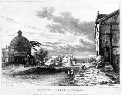 IMAGO History, Die Geburt des Eisenbahnverkehrs: 1802-1830 Newton Church and village with the London and Machester Railway passing in the background , 1 January 1831 The Liverpool and Manchester Railway (LMR) was the world s first twin-track inter-urban passenger railway in which all the trains were timetabled and ticketed. Trains were hauled by company steam locomotives between the two towns, though private waggons and carriages were allowed. The line opened on 15 September 1830 and ran between the towns of Liverpool and Manchester in North West England in the United Kingdom., Newton Greater Manchester United Kingdom England Copyright: Topfoto  !ACHTUNG AUFNAHMEDATUM GESCHÄTZT! UnitedArchives1309491