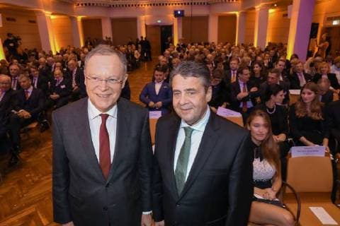 Hannover 19 12 2017 HCC awarding Leibniz ring on Hans Georg Näder Chief of the medical and prosthetic manufacturer Otto Bock from Duderstadt district of Göttingen Stephan Weil Sigmar Gabriel
