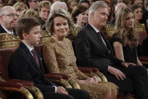 Prince Gabriel, Queen Mathilde of Belgium, King Philippe - Filip of Belgium, Crown Princess Elisabeth and Prince Emmanuel pictured during the yearly Christmas Concert, at the Royal Palace, in Brussels, Wednesday 20 December 2017. The King and Queen want to thank especially those who have contributed to the success of the royal activities throughout the year 2017.  THIERRYxROGE 05266083