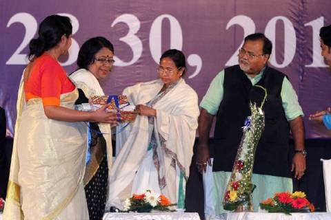 India: Mamata Banerjee during Indian History Congress Chief Minister Mamata Banerjee (second right) and Education Minister Partha Chattejee (right) during Indian History Congress in Kolkata. West Bengal Chief Minister Mamata Banerjee takes part in Indian History Congress in December 29, 2017 in Kolkata. Kolkata West Bengal India Kolkata  SaikatxPaul