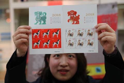 Themen der Woche Bilder des Tages (180106) -- NINGBO, Jan. 6, 2018 -- A staff member of China Post presents the miniature versions of the zodiac stamp for the Year of Dog in Ningbo City, east China s Zhejiang Province, Jan. 5, 2018. China Post issued a set of special zodiac stamps for the Year of Dog with two different designs Friday. The Year of Dog, or Chinese traditional lunar New Year of this year, starts from Feb. 16.) (wlk) CHINA-ZODIAC STAMP (CN*) ZhangxPeijian 