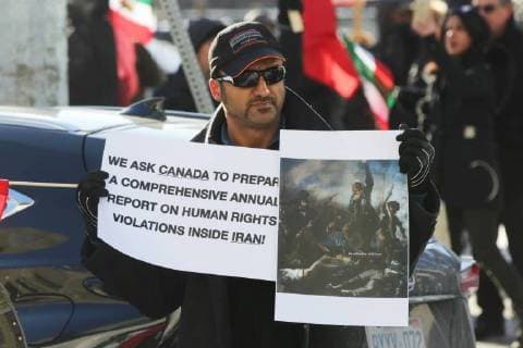 January 6, 2018 - Toronto, Ontario, Canada - Hundreds of Canadians take part in a protest against the Islamic Republic of Iran in Toronto, Ontario, Canada, on January 06, 2018. Protestors showed their solidarity with anti-government demonstrators in Iran and their support of a national uprising of the Iranian people. Protesters called for a regime change for social justice and freedom and democracy in Iran. There was a also a call that power in Iran be returned to Reza Pahlavi, the former Crown Prince of Iran and the last heir apparent to the defunct throne of the Imperial State of Iran and the current head of the exiled House of Pahlavi. Toronto Canada  - ZUMAn230 20180106_zaa_n230_1151 Copyright: xCreativexTouchxImagingxLtdx