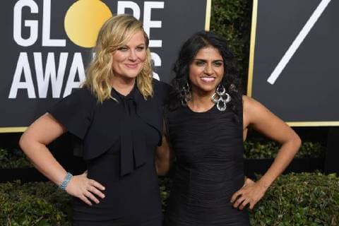 January 7, 2018 - Los Angeles, California, U.S. - AMY POEHLER AND ACTIVIST SARU JAYARAMAN during red carpet arrivals for the 75th Annual Golden Globe Awards, at The Beverly Hilton Hotel. Los Angeles U.S. - ZUMAz03_ 20180107_zbp_z03_078 Copyright: xKevinxSullivanx