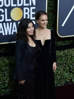 Actors America Ferrera and Natalie Portman attend the 75th annual Golden Globe Awards at the Beverly Hilton Hotel in Beverly Hills, California on January 7, 2018.  LAP20180107836 JIMxRUYMEN