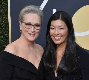Actor Meryl Streep (L) and Ai-jen Poo, the head of the National Domestic Workers Alliance attend the 75th annual Golden Globe Awards at the Beverly Hilton Hotel in Beverly Hills, California on January 7, 2018.  LAP20180107868 JIMxRUYMEN