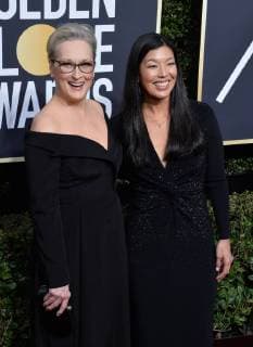 Actor Meryl Streep (L) and Ai-jen Poo, the head of the National Domestic Workers Alliance attend the 75th annual Golden Globe Awards at the Beverly Hilton Hotel in Beverly Hills, California on January 7, 2018.  LAP20180107870 JIMxRUYMEN