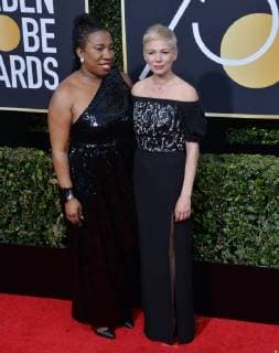 Activist Tarana Burke (L) and actor Michelle Williams attend the 75th annual Golden Globe Awards at the Beverly Hilton Hotel in Beverly Hills on January 7, 2018.  LAP201801072000