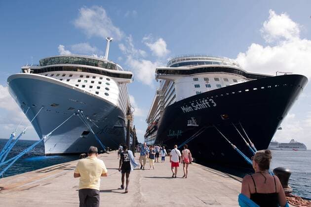 Cruise ship my ship 3 mean the cruise ship 3 out of tui cruises along with Antherm of the sea in the port of Basseterre, St Kitts of the Caribbean island Basseterre Caribbean port