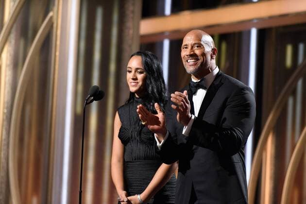 Golden Globe Ambassador Simone Garcia Johnson and Dwayne Johnson on stage at the 75th Annual Golden Globe Awards at the Beverly Hilton in Beverly Hills, CA on Sunday, January 7, 2018.  Copyright: xHFPAxPhotographerx 33508_554JRC