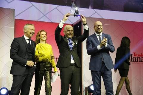 Ice Watch CEO Jean-Pierre Lutgen received the award of French-speaking manager of the year next to Belgian Prime Minister Charles Michel (R) at the award ceremony for the Manager of the Year 2017, Tuesday 09 January 2018 in Brussels. Flemish business magazine Trends and french-speaking counterpart Trends-Tendance have a yearly tradition of electing a Flemish and a french-speaking manager of the year.  NICOLASxMAETERLINCK 05273024