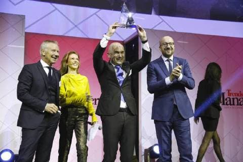 Ice Watch CEO Jean-Pierre Lutgen received the award of French-speaking manager of the year next to Belgian Prime Minister Charles Michel (R) at the award ceremony for the Manager of the Year 2017, Tuesday 09 January 2018 in Brussels. Flemish business magazine Trends and french-speaking counterpart Trends-Tendance have a yearly tradition of electing a Flemish and a french-speaking manager of the year.  NICOLASxMAETERLINCK 05273069