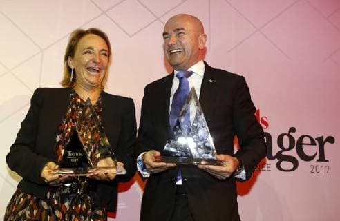 Sioen Industries CEO Michele Sioen and Ice Watch CEO Jean-Pierre Lutgen pose with their awards of Flemish and French-speaking manager of the year at the award ceremony for the Manager of the Year 2017, Tuesday 09 January 2018 in Brussels. Flemish business magazine Trends and french-speaking counterpart Trends-Tendance have a yearly tradition of electing a Flemish and a french-speaking manager of the year.  NICOLASxMAETERLINCK 05273064