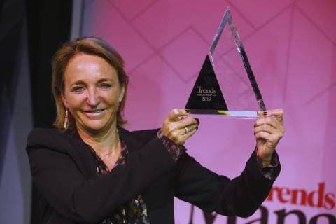 Sioen Industries CEO Michele Sioen poses with the trophy of Flemish manager of the year 2017 at the award ceremony for the Manager of the Year 2017, Tuesday 09 January 2018 in Brussels. Flemish business magazine Trends and french-speaking counterpart Trends-Tendance have a yearly tradition of electing a Flemish and a french-speaking manager of the year.  NICOLASxMAETERLINCK 05273065