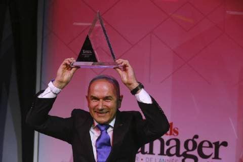 Ice Watch CEO Jean-Pierre Lutgen celebrates with the award of French-speaking manager of the year at the award ceremony for the Manager of the Year 2017, Tuesday 09 January 2018 in Brussels. Flemish business magazine Trends and french-speaking counterpart Trends-Tendance have a yearly tradition of electing a Flemish and a french-speaking manager of the year.  NICOLASxMAETERLINCK 05273066
