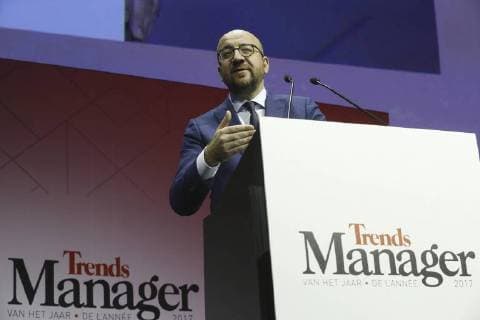 Belgian Prime Minister Charles Michel delivers a speech at the award ceremony for the Manager of the Year 2017, Tuesday 09 January 2018 in Brussels. Flemish business magazine Trends and french-speaking counterpart Trends-Tendance have a yearly tradition of electing a Flemish and a french-speaking manager of the year.  NICOLASxMAETERLINCK 05273080