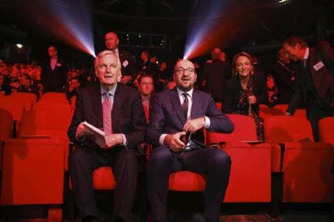 Michel Barnier and Belgian Prime Minister Charles Michel pictured during the award ceremony for the Manager of the Year 2017, Tuesday 09 January 2018 in Brussels. Flemish business magazine Trends and french-speaking counterpart Trends-Tendance have a yearly tradition of electing a Flemish and a french-speaking manager of the year.  NICOLASxMAETERLINCK 05273075