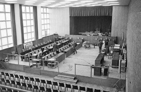 LAW & ORDER FINAL PREPARATIONS BURGERGEMEINSCHAFTHAUS GALLUS WHERE AUSCHWITZ TRIAL WILL BE MOVED IN FRANKFURT, WEST GERMANY ; 2 APRIL 1964, Copyright: Topfoto  UnitedArchivesIPU474312