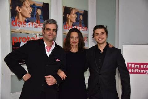 The author and Director Peter Ott l r actors Catrin Santhu and Samy Abdel Fattah posing on 12 01 2018 in Cologne at the cinema premiere of the Milan Protocol
