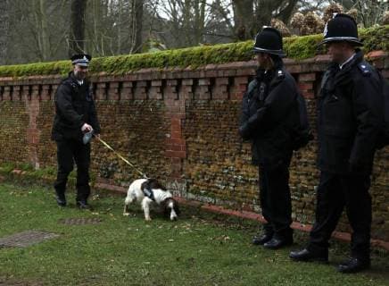 A police explosive search dog patrols the walls surrounding Sandringham House before the Royal family attend the St. Mary Magdalene Church Sunday morning service, in Sandringham, Norfolk, on January 14, 2018 