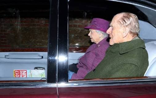 HM Queen Elizabeth II and Prince Philip, Duke of Edinburgh both take the car back to Sandringham House (Prince Philip, Duke of Edinburgh normally walks to and from church), after attending the St. Mary Magdalene Church Sunday morning service, in Sandringham, Norfolk, on January 14, 2018 