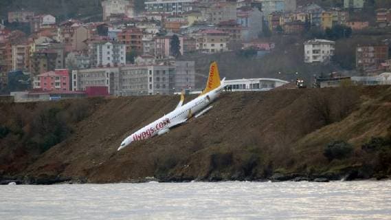 Themen der Woche Bilder des Tages (180114) -- TRABZON, Jan. 14, 2018 () -- Photo taken on Jan. 14, 2018 shows a Pegasus Airlines airplane which skidded off the runway at Trabzon airport by the Black Sea in Trabzon, Turkey. A passage plane which belongs to Turkey s Pegasus Airlines skidded off the runway of Trabzon airport Saturday and ended up halfway down a steep slope into the Black Sea, Turkish media reported on Sunday. () (srb) TURKEY-TRABZON-AIRPLANE-ACCIDENT Xinhua 