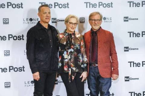 Foto IPP Andrea Oldani Milano, 15 01 2018 Photcall del Film The Post Nella foto, Tom Hanks, Meryl Streep, Steven Spielberg italyphotopress world copyright  0