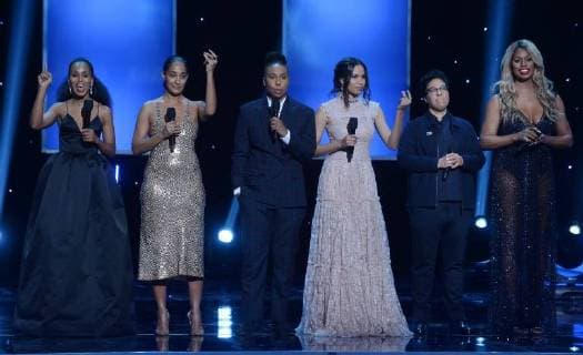 Kerry Washington, Tracee Ellis Ross, Lena Waithe, Jurnee Smollett-Bell, Angela Robinson, and Laverne Cox (L-R) speak onstage during the 49th NAACP Image Awards at the Pasadena Civic Auditorium in Pasadena, California on January 15, 2018. The NAACP Image Awards celebrates the accomplishments of people of color in the fields of television, music, literature and film and also honors individuals or groups who promote social justice through creative endeavors.during the 49th NAACP Image Awards at the Pasadena Civic Auditorium in Pasadena, California on January 15, 2018. The NAACP Image Awards celebrates the accomplishments of people of color in the fields of television, music, literature and film and also honors individuals or groups who promote social justice through creative endeavors. during the 49th NAACP Image Awards at the Pasadena Civic LAP20180115927 JIMxRUYMEN