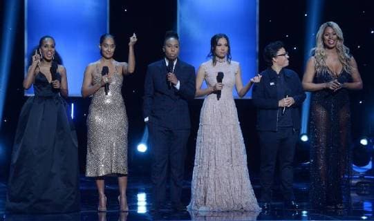 Kerry Washington, Tracee Ellis Ross, Lena Waithe, Jurnee Smollett-Bell, Angela Robinson, and Laverne Cox (L-R) speak onstage during the 49th NAACP Image Awards at the Pasadena Civic Auditorium in Pasadena, California on January 15, 2018. The NAACP Image Awards celebrates the accomplishments of people of color in the fields of television, music, literature and film and also honors individuals or groups who promote social justice through creative endeavors.during the 49th NAACP Image Awards at the Pasadena Civic Auditorium in Pasadena, California on January 15, 2018. The NAACP Image Awards celebrates the accomplishments of people of color in the fields of television, music, literature and film and also honors individuals or groups who promote social justice through creative endeavors. during the 49th NAACP Image Awards at the Pasadena Civic LAP20180115928 JIMxRUYMEN