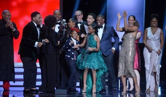Laurence Fishburne, Anthony Anderson, Jeff Meacham, Jenifer Lewis, Yara Shahidi, Miles Brown, Peter Mackenzie, Marsai Martin, Miles Brown, and Tracee Ellis Ross accept the Outstanding Comedy Series award for black-ish onstage during the 49th NAACP Image Awards at the Pasadena Civic Auditorium in Pasadena, California on January 15, 2018. The NAACP Image Awards celebrates the accomplishments of people of color in the fields of television, music, literature and film and also honors individuals or groups who promote social justice through creative endeavors.during the 49th NAACP Image Awards at the Pasadena Civic Auditorium in Pasadena, California on January 15, 2018. The NAACP Image Awards celebrates the accomplishments of people of color in the fields of television, music, literature and film and also honors individuals or groups who prom LAP20180115929 JIMxRUYMEN