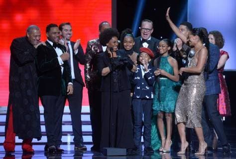 Laurence Fishburne, Anthony Anderson, Jeff Meacham, Jenifer Lewis, Yara Shahidi, Miles Brown, Peter Mackenzie, Marsai Martin, Miles Brown, and Tracee Ellis Ross accept the Outstanding Comedy Series award for black-ish onstage during the 49th NAACP Image Awards at the Pasadena Civic Auditorium in Pasadena, California on January 15, 2018. The NAACP Image Awards celebrates the accomplishments of people of color in the fields of television, music, literature and film and also honors individuals or groups who promote social justice through creative endeavors.during the 49th NAACP Image Awards at the Pasadena Civic Auditorium in Pasadena, California on January 15, 2018. The NAACP Image Awards celebrates the accomplishments of people of color in the fields of television, music, literature and film and also honors individuals or groups who prom LAP20180115930 JIMxRUYMEN
