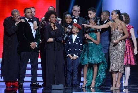 Laurence Fishburne, Anthony Anderson, Jeff Meacham, Jenifer Lewis, Yara Shahidi, Miles Brown, Peter Mackenzie, Marsai Martin, Miles Brown, and Tracee Ellis Ross accept the Outstanding Comedy Series award for black-ish onstage during the 49th NAACP Image Awards at the Pasadena Civic Auditorium in Pasadena, California on January 15, 2018. The NAACP Image Awards celebrates the accomplishments of people of color in the fields of television, music, literature and film and also honors individuals or groups who promote social justice through creative endeavors.during the 49th NAACP Image Awards at the Pasadena Civic Auditorium in Pasadena, California on January 15, 2018. The NAACP Image Awards celebrates the accomplishments of people of color in the fields of television, music, literature and film and also honors individuals or groups who prom LAP20180115931 JIMxRUYMEN