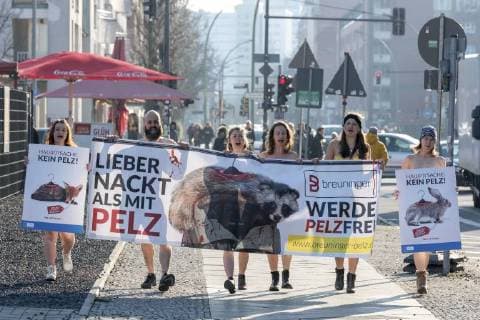 Activists of the German animal protection agencies protest the fashion week Berlin naked against the use of furs from the Berlin eWerk snapshot photography F Boillot