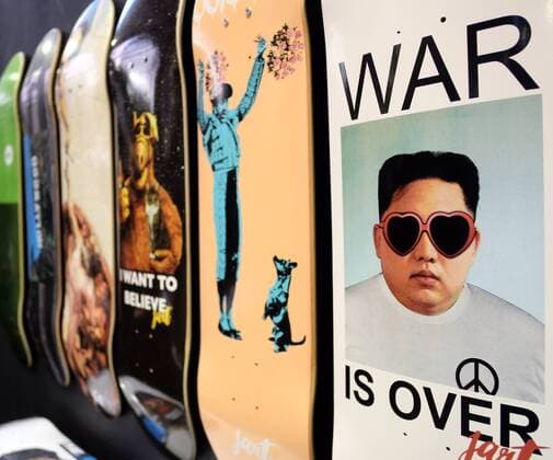 Berlin 16 JAN 2018 Jart decks with Kim Jong un and ALF on the BRIGHT tradeshow is over skate and streetwear war Arena Berlin Treptow BRIGHT XXVI EUROPE S LEADING TRADE SHOW FOR STREET AND URBAN WEAR SKATEBOARDING AND Board sports Berlin fashion week Copyright: Priller&MAUG PRM205551X