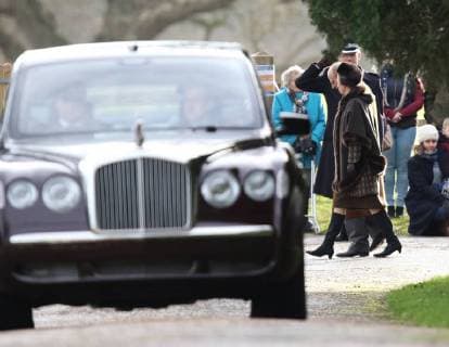 Princess Royal (Princess Anne) and Prince Philip, Duke of Edinburgh walk as HM Queen Elizabeth II takes the car back to Sandringham House after attending the St. Mary Magdalene Church Sunday morning service, in Sandringham, Norfolk, on January 28, 2018 