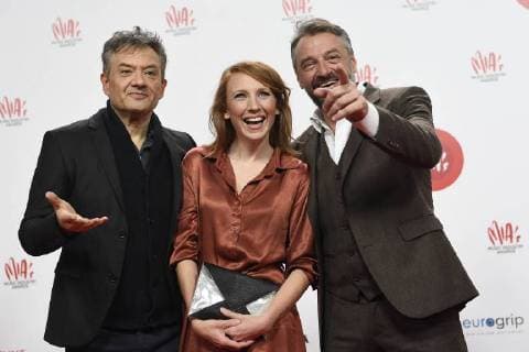 Bart Peeters, Linde Merckpoel and Tom Waes pictured on the red carpet at the arrival for the eleventh edition of the MIA s (Music Industry Award) award show, in Brussels, Tuesday 30 January 2018. The MIA awards are handed out by the VRT and Kunstenpunt.  JASPERxJACOBS 05286479