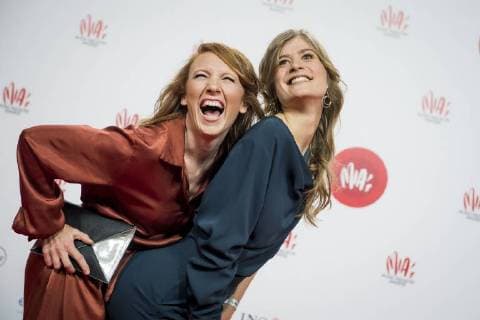 Radio presenter Linde Merckpoel and Eva De Roo pictured on the red carpet at the arrival for the eleventh edition of the MIA s (Music Industry Award) award show, in Brussels, Tuesday 30 January 2018. The MIA awards are handed out by the VRT and Kunstenpunt.  JASPERxJACOBS 05286535