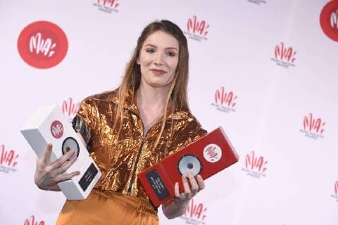 Ellie Delvaux aka Blanche celebrates with her trophies at the eleventh edition of the MIA s (Music Industry Award) award show, in Brussels, Tuesday 30 January 2018. The MIA awards are handed out by the VRT and Kunstenpunt.  JASPERxJACOBS 05286757