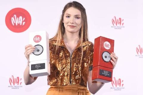 Ellie Delvaux aka Blanche celebrates with her trophies at the eleventh edition of the MIA s (Music Industry Award) award show, in Brussels, Tuesday 30 January 2018. The MIA awards are handed out by the VRT and Kunstenpunt.  JASPERxJACOBS 05286758