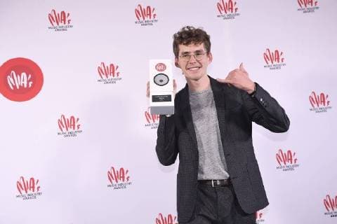 Felix De Laet aka Lost Frequencies celebrates with his trophy after the eleventh edition of the MIA s (Music Industry Award) award show, in Brussels, Tuesday 30 January 2018. The MIA awards are handed out by the VRT and Kunstenpunt.  JASPERxJACOBS 05286763