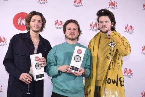 Rock band Bazart celebrates with their awards at the eleventh edition of the MIA s (Music Industry Award) award show, in Brussels, Tuesday 30 January 2018. The MIA awards are handed out by the VRT and Kunstenpunt.  JASPERxJACOBS 05286783