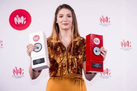 Ellie Delvaux aka Blanche celebrates with her trophies at the eleventh edition of the MIA s (Music Industry Award) award show, in Brussels, Tuesday 30 January 2018. The MIA awards are handed out by the VRT and Kunstenpunt.  JASPERxJACOBS 05286830