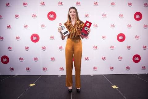 Ellie Delvaux aka Blanche celebrates with her trophies at the eleventh edition of the MIA s (Music Industry Award) award show, in Brussels, Tuesday 30 January 2018. The MIA awards are handed out by the VRT and Kunstenpunt.  JASPERxJACOBS 05286832