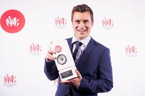 actor and singer Niels Desstadsbader with his award at the eleventh edition of the MIA s (Music Industry Award) award show, in Brussels, Tuesday 30 January 2018. The MIA awards are handed out by the VRT and Kunstenpunt.  JASPERxJACOBS 05286834