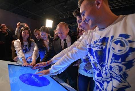 VOLGOGRAD, RUSSIA â€“ FEBRUARY 2, 2018: Russia s President Vladimir Putin (C) meets with members of the Volunteers of Victory movement at the Russia My History museum. Alexei Druzhinin Russian Presidential Press and Information Office TASS  TS072087