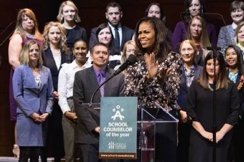 February 2, 2018 - Washington, DC, United States - Former First Lady Of the U.S. Michelle Obama presented the 2018 School Counselor of the Year award to Kristen Perry of Chicago, Ill., at the John F. Kennedy Center for the Performing Arts in Washington, D.C., on Friday, Feb. 2, 2018. ( ) Washington United States  - ZUMAn230 20180202_zaa_n230_342 Copyright: xCherissxMayx