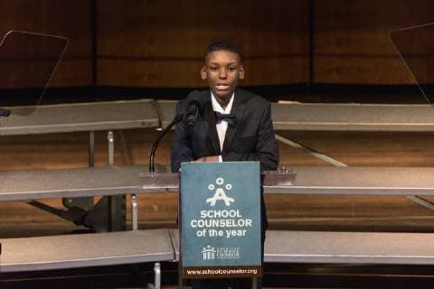February 2, 2018 - Washington, DC, United States - DaMarcus Thompson, 7th grade student at Lawndale Community Academy (Chicago, Ill.), speaks at the 2018 School Counselor of the Year awards ceremony, at the John F. Kennedy Center for the Performing Arts in Washington, D.C., on Friday, Feb. 2, 2018. ( ) Washington United States - ZUMAn230 20180202_zaa_n230_335 Copyright: xCherissxMayx